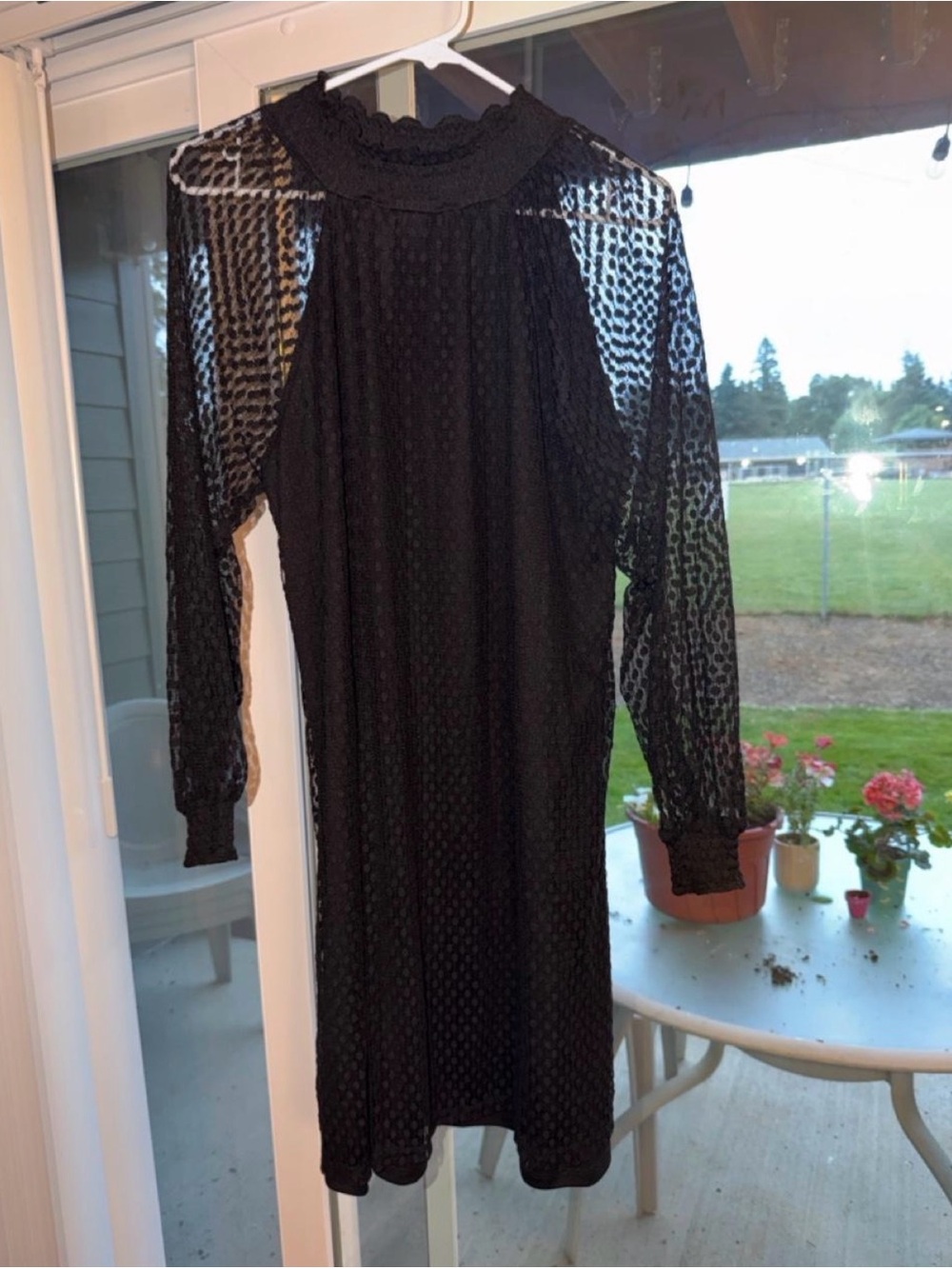 Nina Leonard Black Sheer Dotted Long-Sleeve Dress